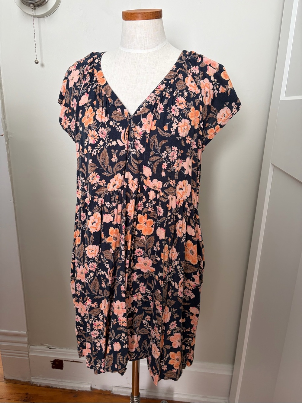Old Navy Navy Mini Dress with Peach Floral Print